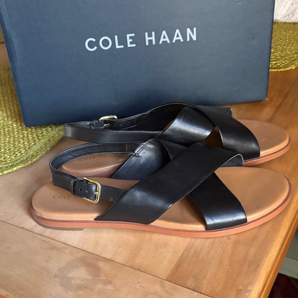 Cole Haan Black Leather Cross-Strap Sandals - Picture 3 of 6